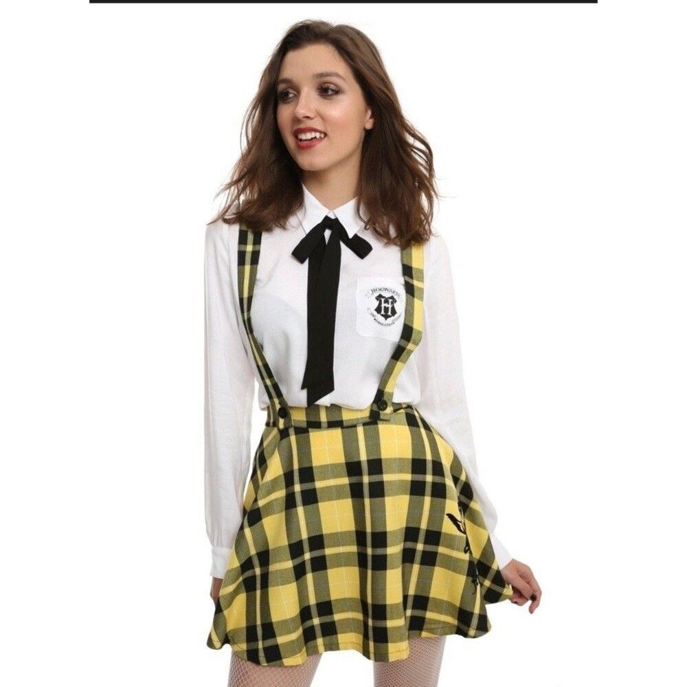 Hot Topic Harry Potter Hufflepuff Skater Suspender Skirt Plaid Cosplay XS